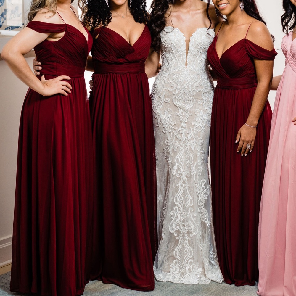 Burgundy off shoulder kleinfiled bridesmaids dress in size 4